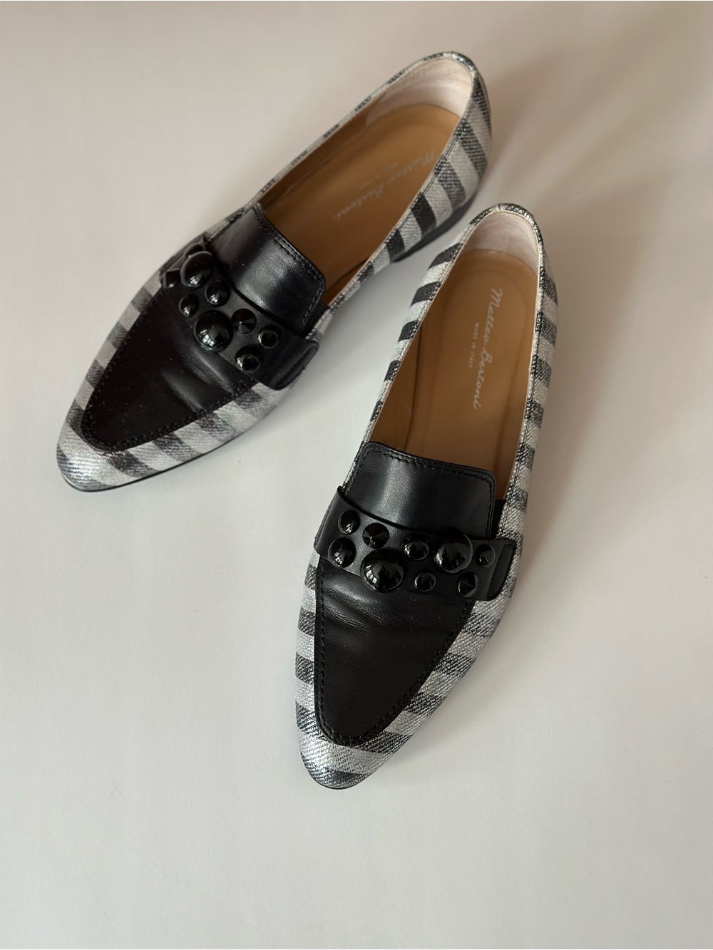Metallic Leather Loafers Layered Cutout Stripe Pointed Toe Flats